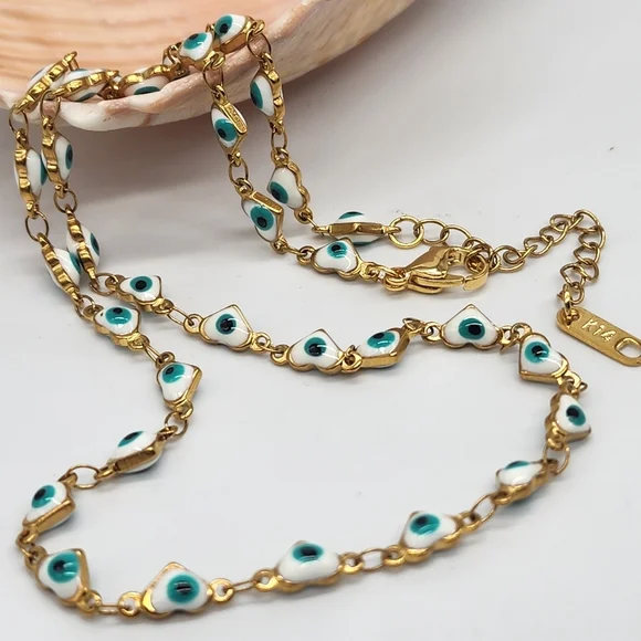 FP Designer Artisan Blue Evil Eye Gold Heart 14k Goldplated Choker Chain